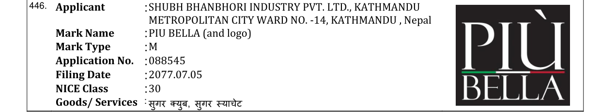 Original bulletin entry for PIU BELLA (and logo)