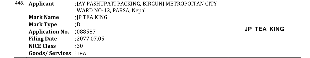 Original bulletin entry for JP TEA KING