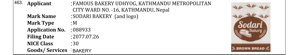 Original bulletin entry for SODARI BAKERY (and logo)
