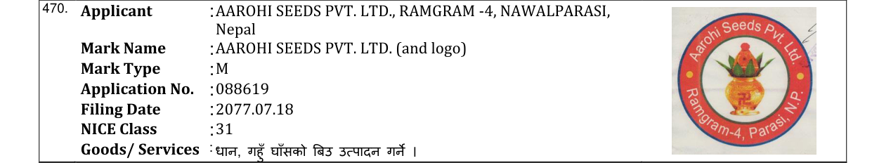 Original bulletin entry for AAROHI SEEDS PVT. LTD. (and logo)