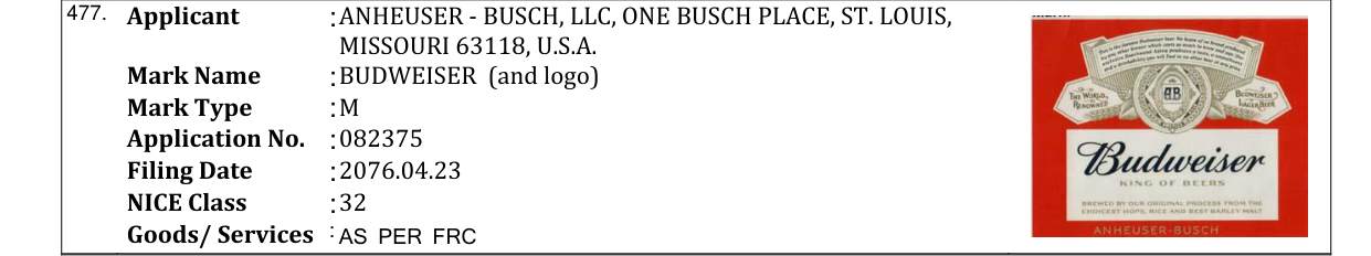 Original bulletin entry for BUDWEISER (and logo)