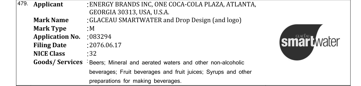 Original bulletin entry for GLACEAU SMARTWATER and Drop Design (and logo)