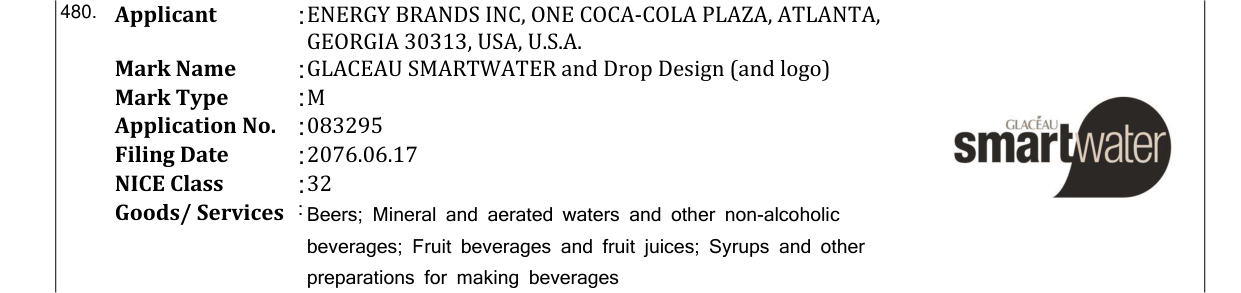Original bulletin entry for GLACEAU SMARTWATER and Drop Design (and logo)