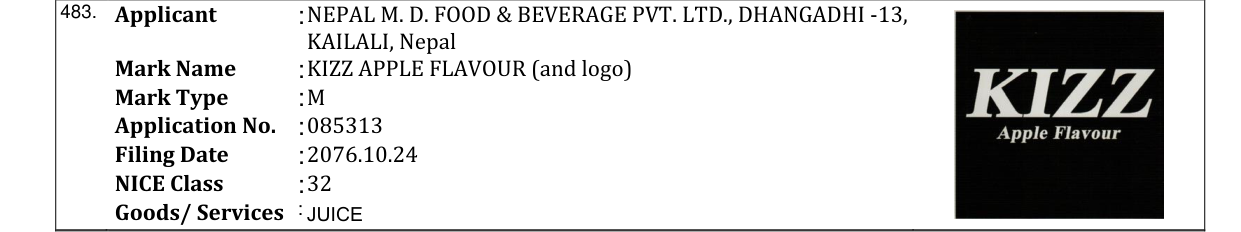 Original bulletin entry for KIZZ APPLE FLAVOUR (and logo)