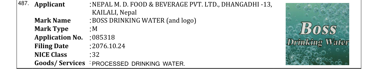 Original bulletin entry for BOSS DRINKING WATER (and logo)