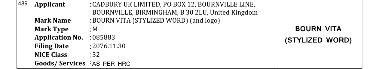 Original bulletin entry for BOURN VITA (STYLIZED WORD) (and logo)
