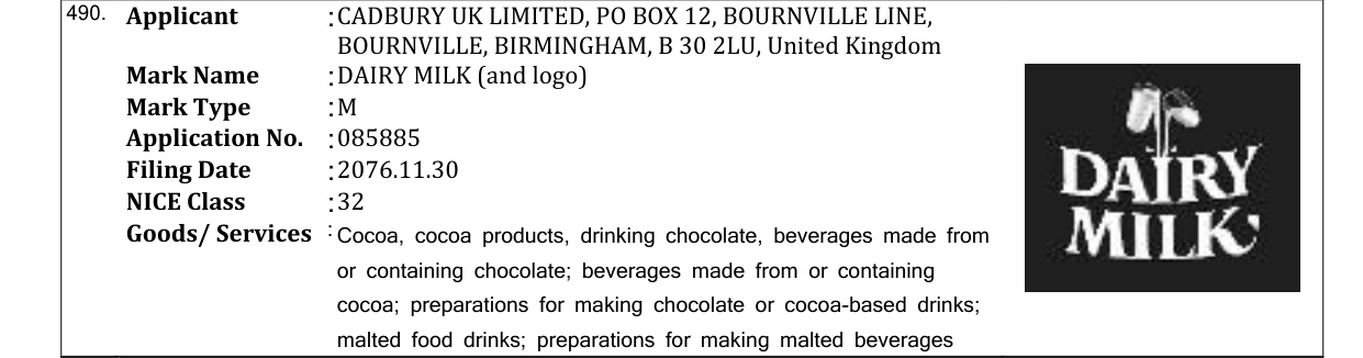 Original bulletin entry for DAIRY MILK (and logo)