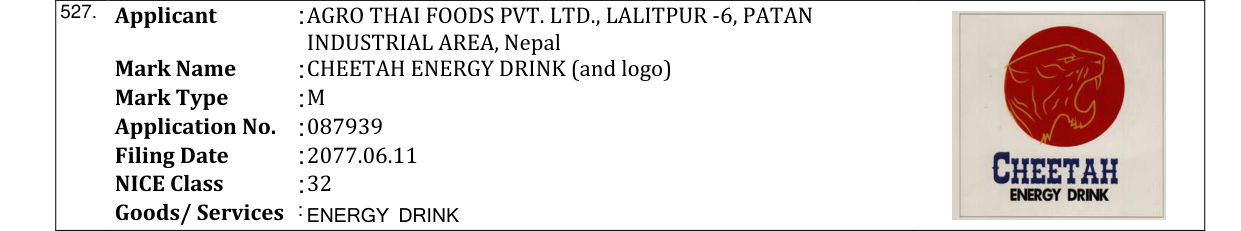 Original bulletin entry for CHEETAH ENERGY DRINK (and logo)