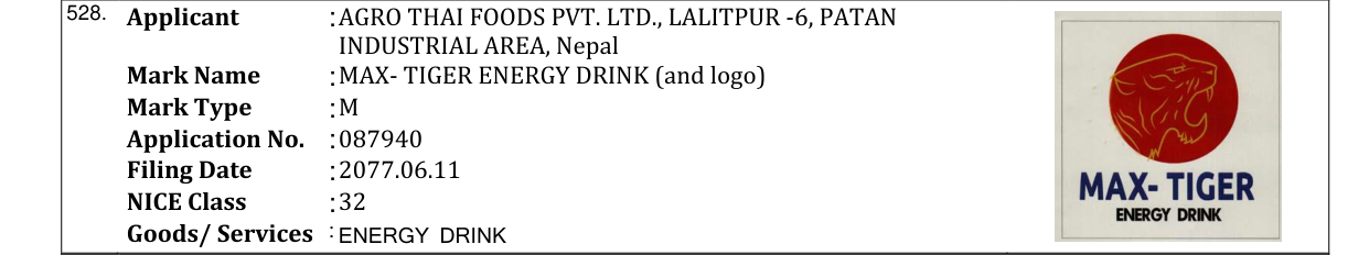 Original bulletin entry for MAX- TIGER ENERGY DRINK (and logo)