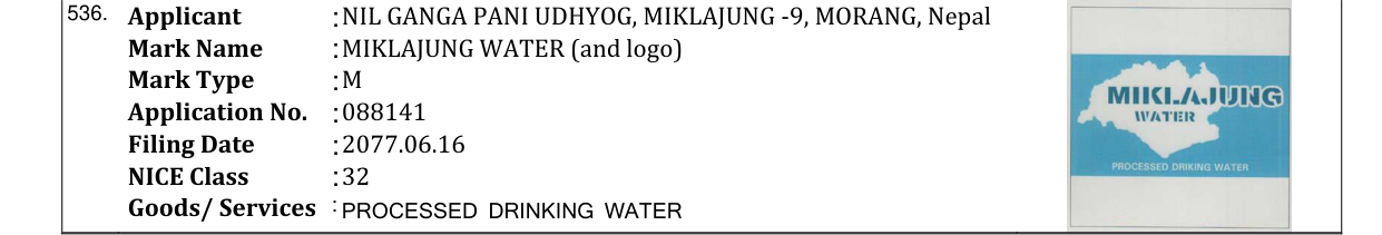Original bulletin entry for MIKLAJUNG WATER (and logo)