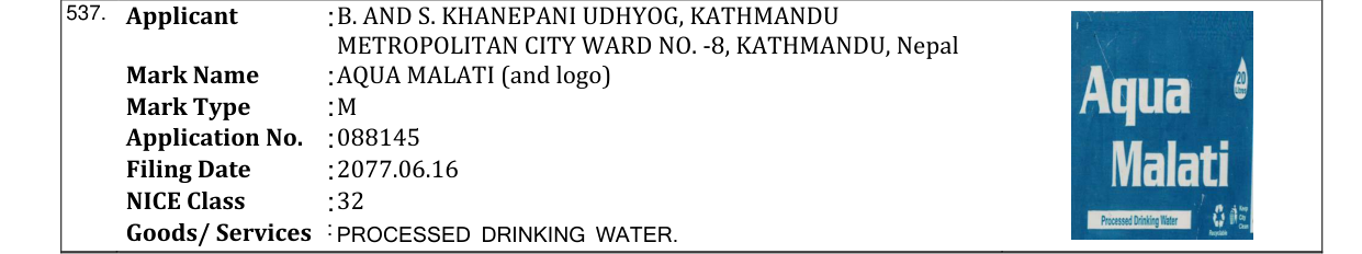 Original bulletin entry for AQUA MALATI (and logo)