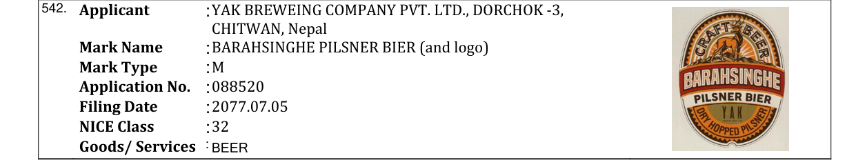 Original bulletin entry for BARAHSINGHE PILSNER BIER (and logo)