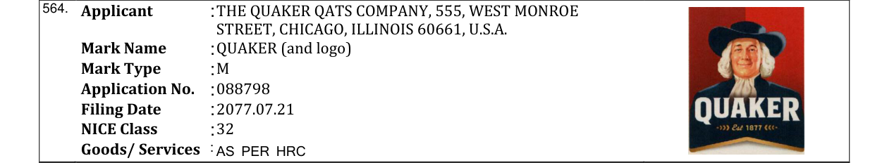 Original bulletin entry for QUAKER (and logo)