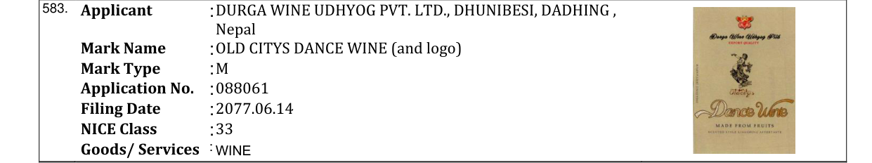 Original bulletin entry for OLD CITYS DANCE WINE (and logo)