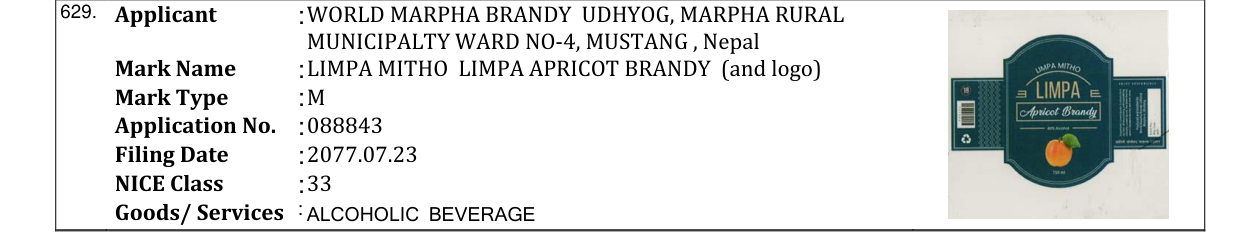Original bulletin entry for LIMPA MITHO LIMPA APRICOT BRANDY (and logo)