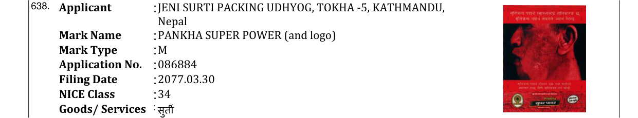 Original bulletin entry for PANKHA SUPER POWER (and logo)
