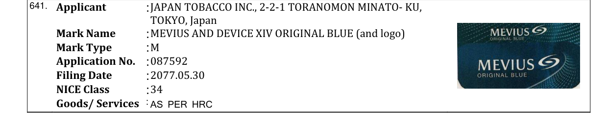Original bulletin entry for MEVIUS AND DEVICE XIV ORIGINAL BLUE (and logo)