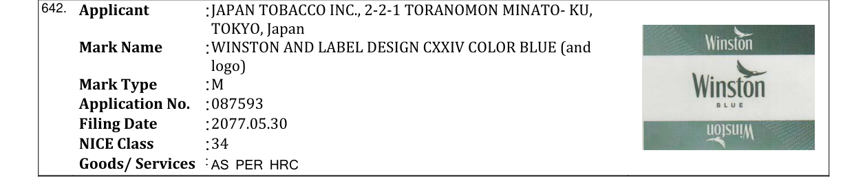 Original bulletin entry for WINSTON AND LABEL DESIGN CXXIV COLOR BLUE (and logo)