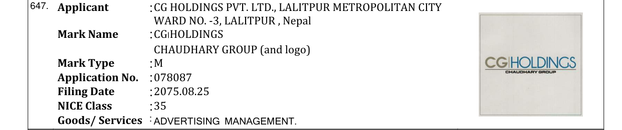 Original bulletin entry for CG।HOLDINGS CHAUDHARY GROUP (and logo)