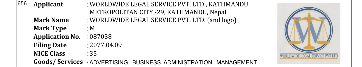 Original bulletin entry for WORLDWIDE LEGAL SERVICE PVT. LTD. (and logo)