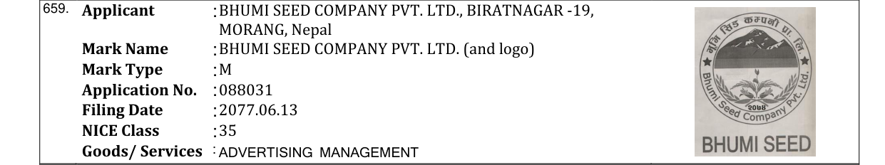 Original bulletin entry for BHUMI SEED COMPANY PVT. LTD. (and logo)