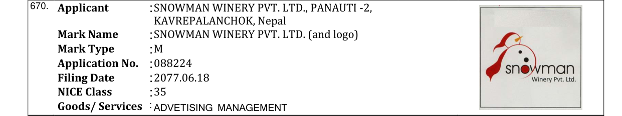 Original bulletin entry for SNOWMAN WINERY PVT. LTD. (and logo)