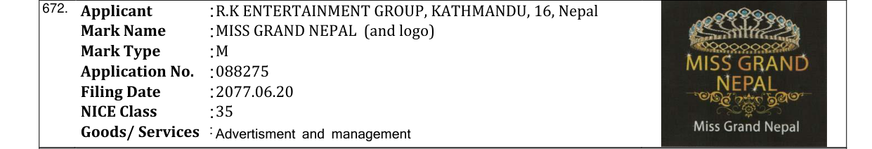 Original bulletin entry for MISS GRAND NEPAL (and logo)