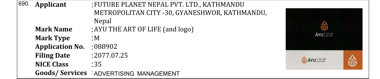 Original bulletin entry for AYU THE ART OF LIFE (and logo)
