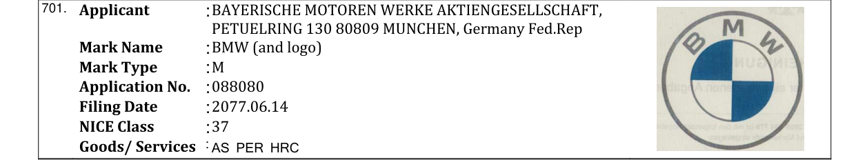 Original bulletin entry for BMW (and logo)