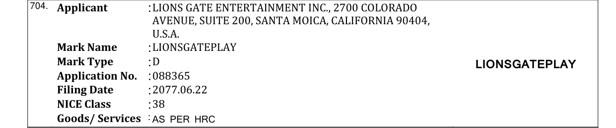 Original bulletin entry for LIONSGATEPLAY