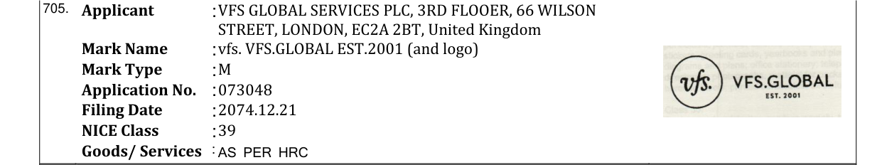 Original bulletin entry for vfs. VFS.GLOBAL EST.2001 (and logo)