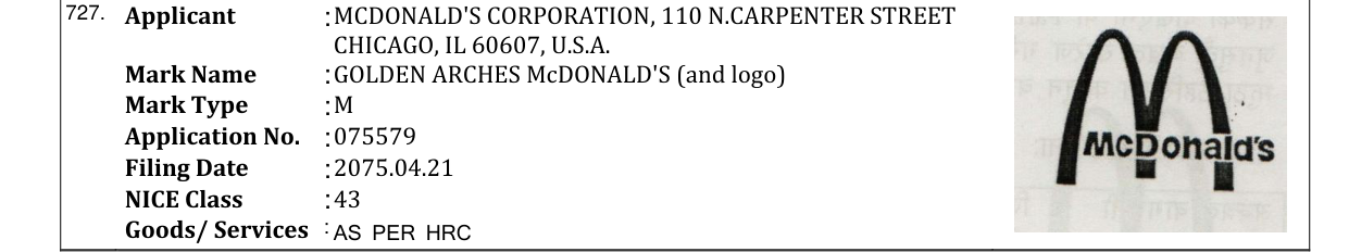 Original bulletin entry for GOLDEN ARCHES McDONALD'S (and logo)