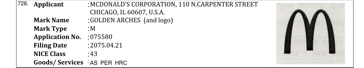 Original bulletin entry for GOLDEN ARCHES (and logo)