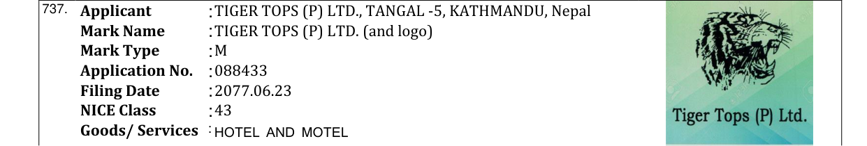 Original bulletin entry for TIGER TOPS (P) LTD. (and logo)