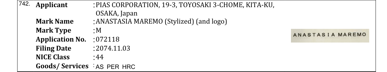 Original bulletin entry for ANASTASIA MAREMO (Stylized) (and logo)