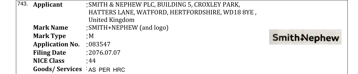 Original bulletin entry for SMITH+NEPHEW (and logo)