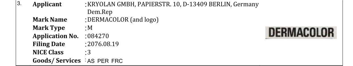 Original bulletin entry for DERMACOLOR (and logo)