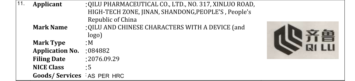 Original bulletin entry for QILU AND CHINESE CHARACTERS WITH A DEVICE (and logo)