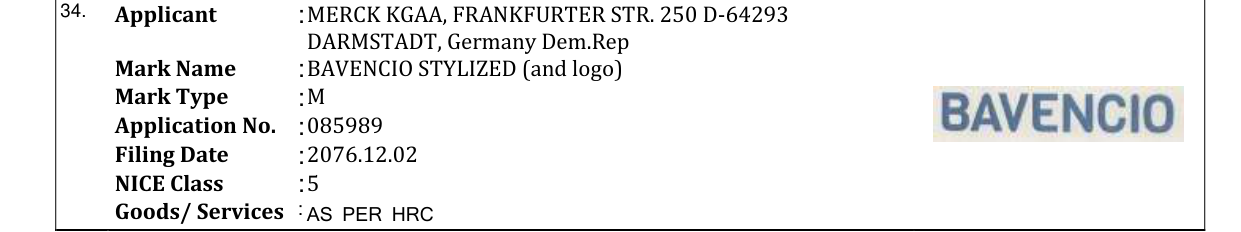Original bulletin entry for BAVENCIO STYLIZED (and logo)