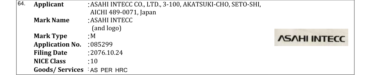 Original bulletin entry for ASAHI INTECC (and logo)