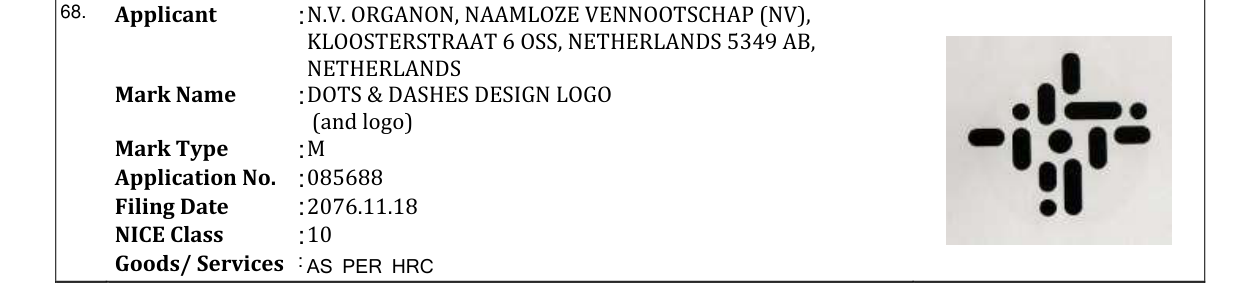 Original bulletin entry for DOTS & DASHES DESIGN LOGO (and logo)
