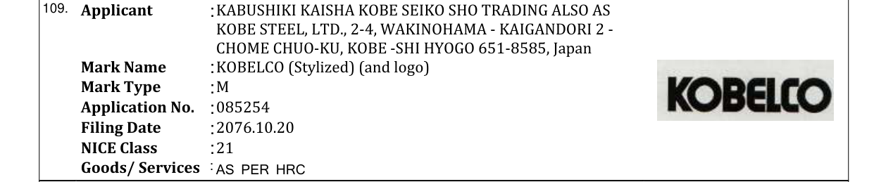 Original bulletin entry for KOBELCO (Stylized) (and logo)