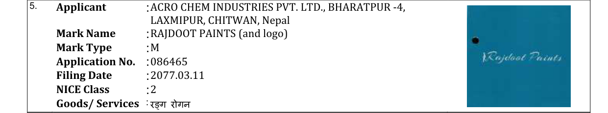 Original bulletin entry for RAJDOOT PAINTS (and logo)