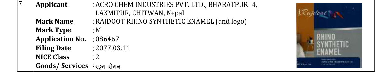 Original bulletin entry for RAJDOOT RHINO SYNTHETIC ENAMEL (and logo)