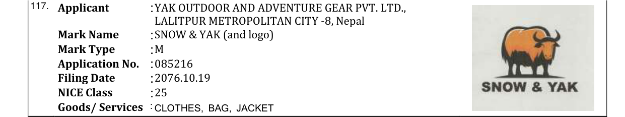Original bulletin entry for SNOW & YAK (and logo)