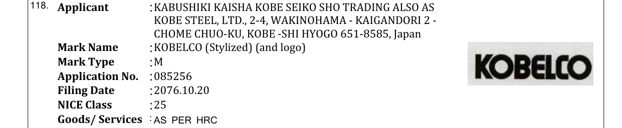 Original bulletin entry for KOBELCO (Stylized) (and logo)