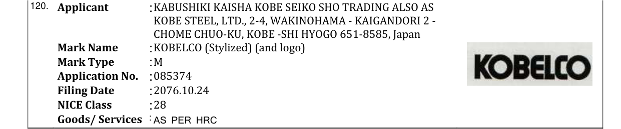 Original bulletin entry for KOBELCO (Stylized) (and logo)