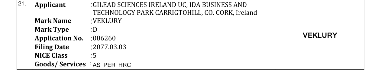Original bulletin entry for VEKLURY