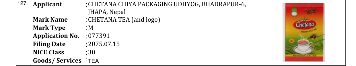 Original bulletin entry for CHETANA TEA (and logo)
