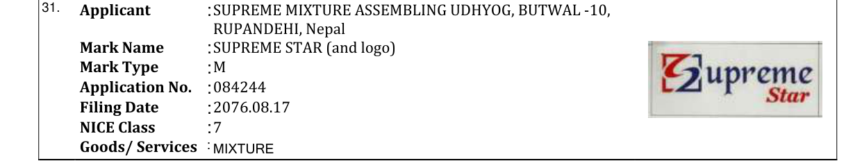 Original bulletin entry for SUPREME STAR (and logo)